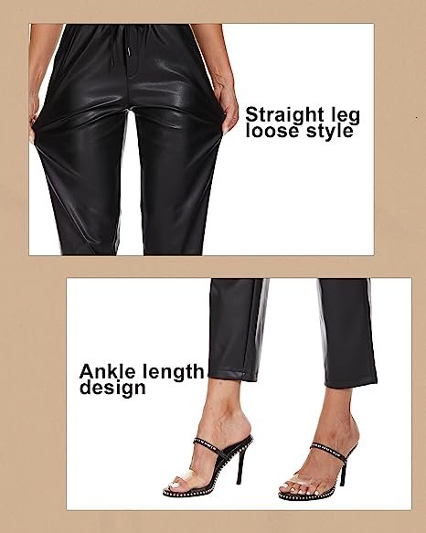 Ladies Faux Leather Pants High Waist Leather Straight Leg Pants With Pockets