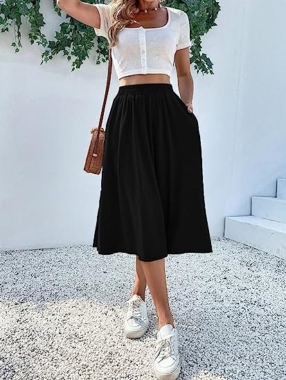 Women's Elastic Waist Pocket Side A Line Midi Swing Flared Skirt
