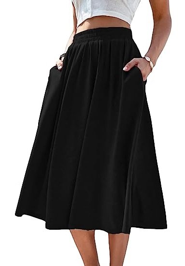 Women's Elastic Waist Pocket Side A Line Midi Swing Flared Skirt