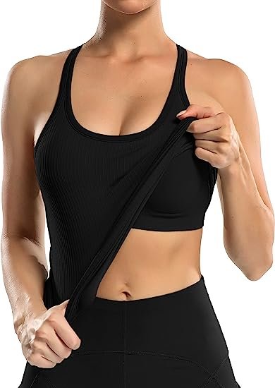 Women's Ribbed Workout Tank Top with Built-in Bra Tight Crew Neck Track Top
