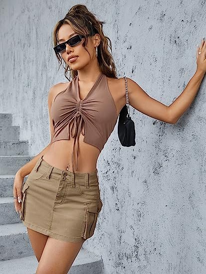 Women's Low Waist Button Bodycon Mini Cargo Denim Skirt with Pocket