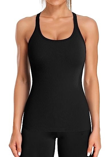 Women's Ribbed Workout Tank Top with Built-in Bra Tight Crew Neck Track Top