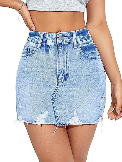 Women's Casual Ripped Jean Skirt High Waist Raw Hem Mini Denim Skirts